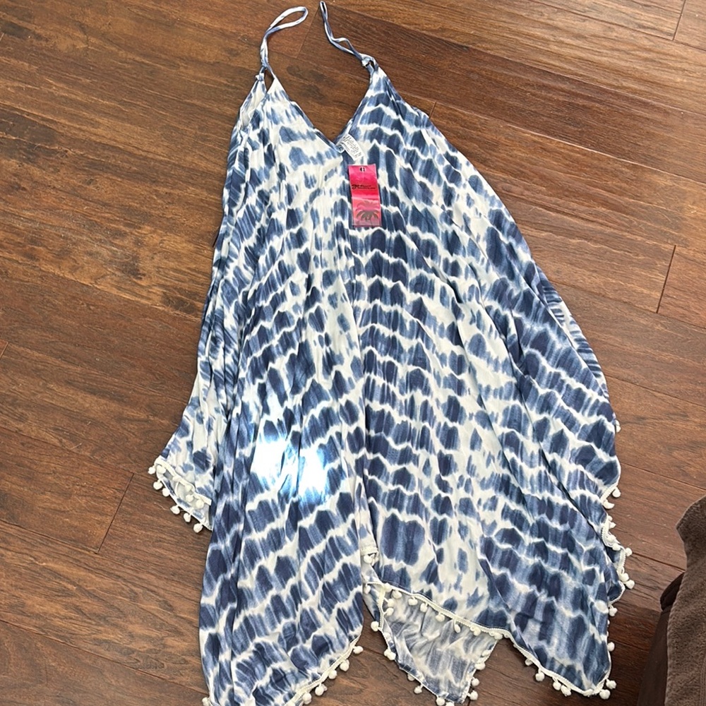 Blue Tie-Dye Pom Pom Cover-Up